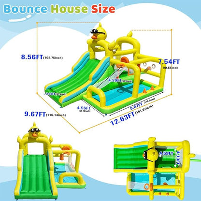 Baralir Duck-Themed Inflatable Bounce House with Extra Wide Slide & Climbing Wall, Basketball Hoop, Ring Toss, Punching Bag, 2-in-1 Splash Pool/Ball Pit - Indoor/Outdoor Jumping Castle for Toddlers