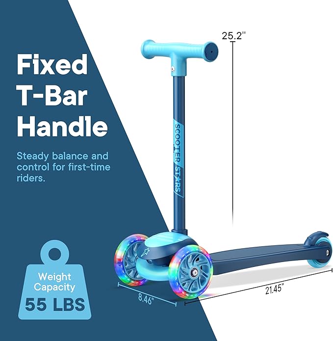 3 Wheel Scooter for Kids, Smooth Light Up LED Front Wheels, Wide Anti Slip Deck, Rear Foot Brake, Easy Lean to Steer Maneuvering, Indoor & Outdoor Ride On Toys for Ages 2 Up,