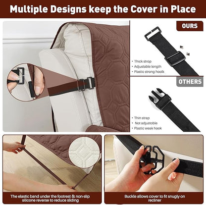 XINEAGE 100% Waterproof Recliner Chair Cover, Non Slip Covers for Recliner Chair with Pocket, Washable Dog Recliner Couch Cover with Elastic Straps (Coffee, 30")