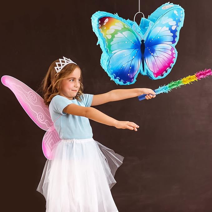 Butterfly Pinata with Pinata Stick, Eye Mask and 1 Pack Confetti, Rainbow Butterfly Party Supplies Butterfly Shaped Animal Pinata for Butterfly Birthday Decorations, 14.96 x 7.08 Inches (Glitter)