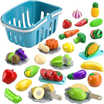 TEMI 70 Pieces Cutting Play Food Toy for Kids Kitchen - Pretend Fruit and Vegetables Accessories Toys for 3 4 5 6 Girls with Storage, Dishes and Knife, Educational Kitchen Toy for Toddlers Age 3-5