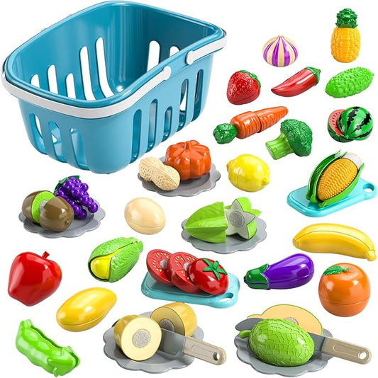 TEMI 70 Pieces Cutting Play Food Toy for Kids Kitchen - Pretend Fruit and Vegetables Accessories Toys for 3 4 5 6 Girls with Storage, Dishes and Knife, Educational Kitchen Toy for Toddlers Age 3-5