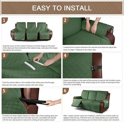 KinCam Waterproof Recliner Sofa Cover, Non-Slip Reclining Couch Covers for 3 Seat, Recliner Couch Cover Furniture Protector with Elastic Straps for Pets, Kids, Vine Green