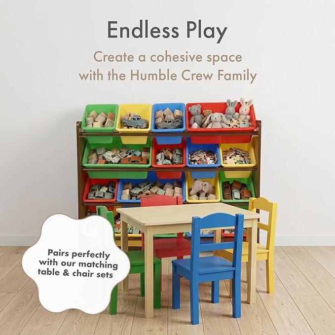 Humble Crew Toy Storage Organizer with 16 Removable Storage Bins for Kids Playroom, 4-Tier Toddler Toy Organization and Storage, Walnut/Primary