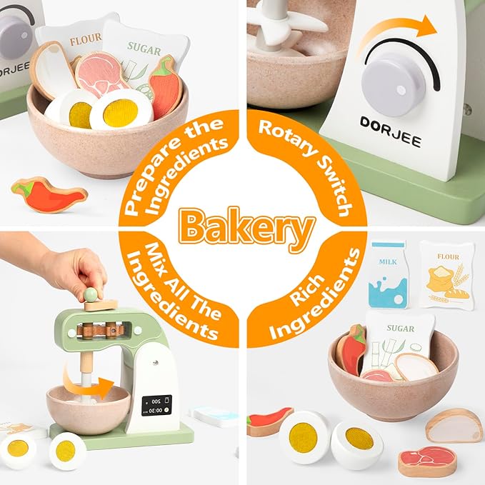 Dorjee Wooden Mixer Set, Mixer Sets for Kids Toddler, Toy Mixer Playset Play Kitchen Accessories Gift for Boys Girls Ages 3+