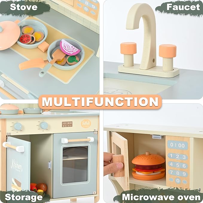 Play Kitchen for Toddlers, Kids Kitchen Playset Toy Kitchen Set, Toddler Kitchen Playset Wooden with with Faucet, Oven, Cookware Accessories