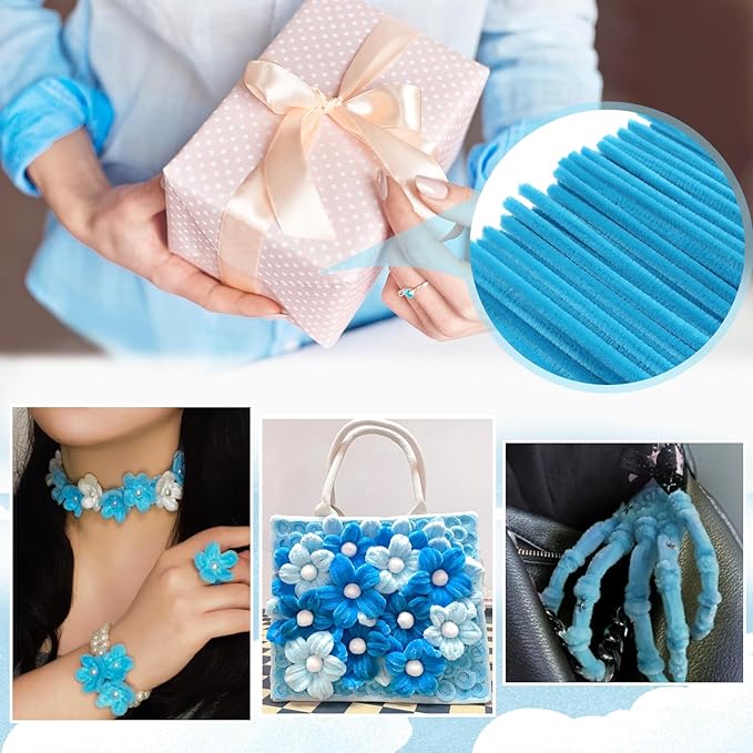TOAOB 100pcs Pipe Cleaners Light Blue Pipe Cleaners Chenille Stems 6mm x 12 Inch Fuzzy Sticks Crafts Supplies for DIY Art Crafts Decorations