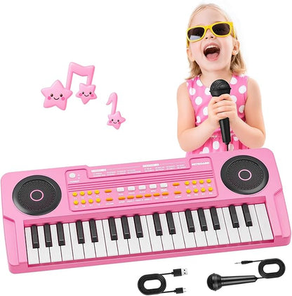 Upgraded Kids Piano Keyboard – 37 Keys Toddler Keyboard with Microphone Learning Instrument Musical Toys for 3 4 5 6 Boys Girls Birthday Gift, Pink