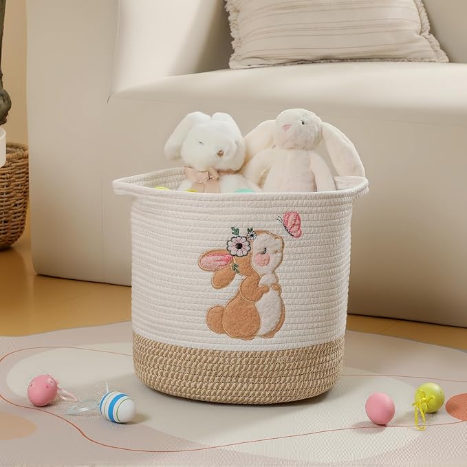 INough Toy Storage Baskets Woven Cotton Rope Storage Basket for Kids, Blanket Baskets for Living Room Stuffed Animal Storage Toys Organizer with Embroidery Decor, Cute Baskets for Nursery (Bunny)