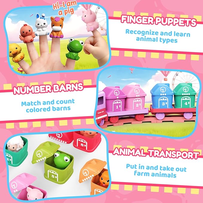 Train Set for Girls 2-4, Electric Toy Train with Farm Animals & Music & Lights, Montessori Counting & Sorting Learning Toys for Toddler Girls 1 2 3 Year Old, Christmas Easter Birthday Gift