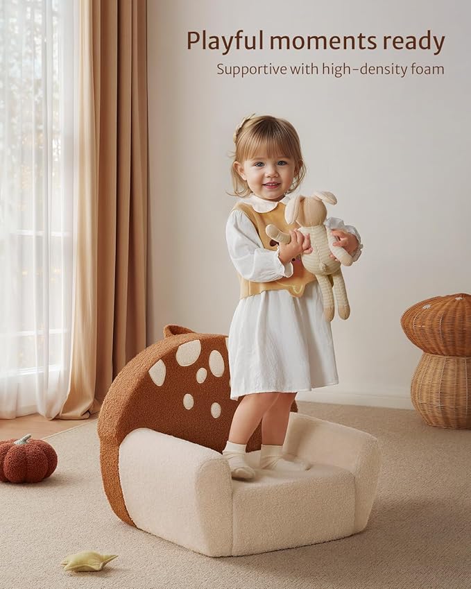 Blissful Diary Toddler Chair Comfy, Foam Kids Chair with Soft Teddy Plush, Toddler Reading Armchair with Cute Mushroom Designs- Brown