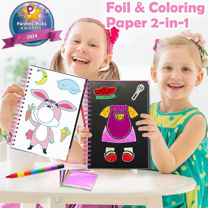 Foil Art Craft Activity for Kids: Fun DIY Toy Sticker Kit, No Mess Creative Travel Supply Set, Idea Birthday Easter Basket Stuffers Valentines Gift for Girl Boy Toddler 4 5 6 7 8 9 Year Old (Dress Up)
