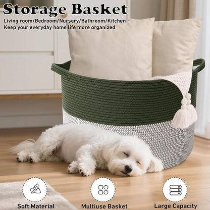 115L Large Blanket Basket,23.6" L x 23.6" W x 15.7" H Rope Woven Baskets with Handles, Toys Storage Bins,Laundry Basket Perfect for Living Room, Nursery,Bedroom,Home Organization,Green&White