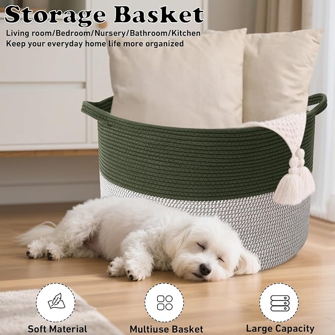 65L Extra Large Woven Cotton Rope Blanket Basket with Handles, Laundry Hamper Storage Bin for Pillows, Comforters,Clothes, Toys, Nursery, Bedroom and Living Room Organization,Green&White