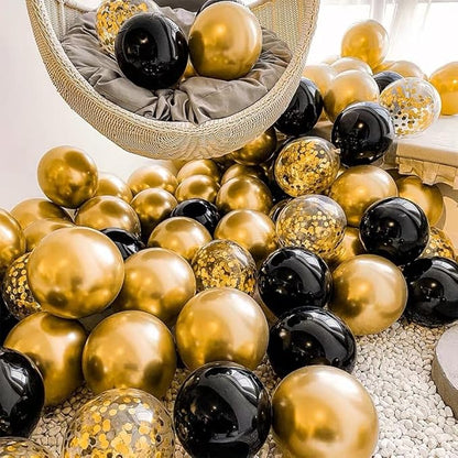 Bezente Black Gold Confetti Latex Balloons - 60 Pack 12 inch Helium Black Gold Confetti Balloons for Wedding Graduation Bridal Shower Birthday Party Decorations