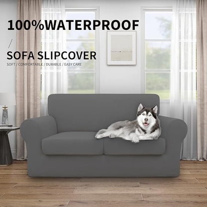 Easy-Going 100% Dual Waterproof Loveseat Cover Stretch Soft Couch Cover for Dogs, Sofa Slipcover for 2 Separate Cushion Couch Leakproof Furniture Protector for Kids, Pets Gray