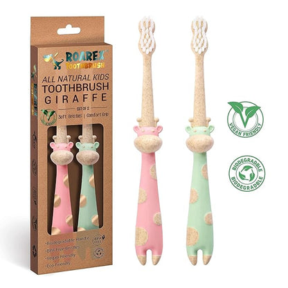 ROARex Vegan Eco Friendly All Natural Kids Toothbrush Made from Plants – Sweet Baby Giraffe | 100% Biodegradable and Compostable | 1% for The Planet Product
