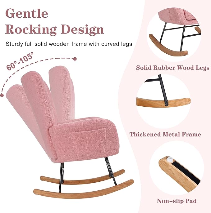 VECELO Rocking Chair Nursery with Thick Headrest, Modern Teddy Upholstered Reading Glider Rocker Accent Armchair with High Backrest, Padded Seat, Side Pocket, for LivingRoom, Bedroom, Baby Room, Pink