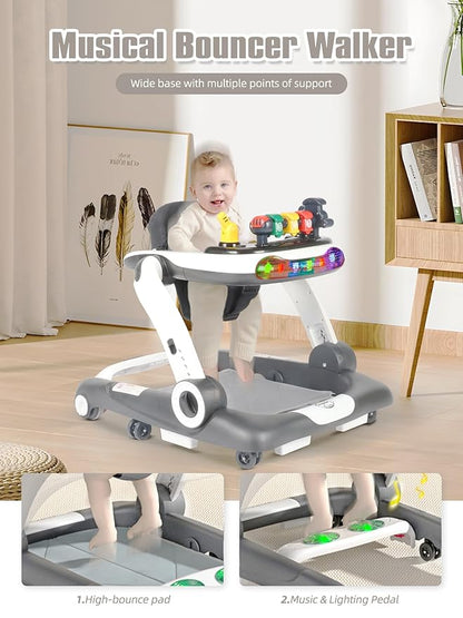 Music and Lights Baby Walker with Wheels, 6 in 1 Baby Activity Center w/Ergonomic backrest Design, Baby Walkers for Boys w/Foot Pads, Music Bouncer Walkers for Boys Girls Babies 6-18 Months, D Grey