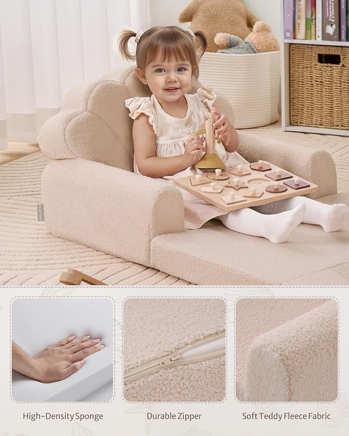 Blissful Diary Kids Couch, 2-in-1 Soft Toddler Couch Fold Out, Toddler Chair Comfy, Convertible Sofa to Lounger with Cute Shell Designs, Beige