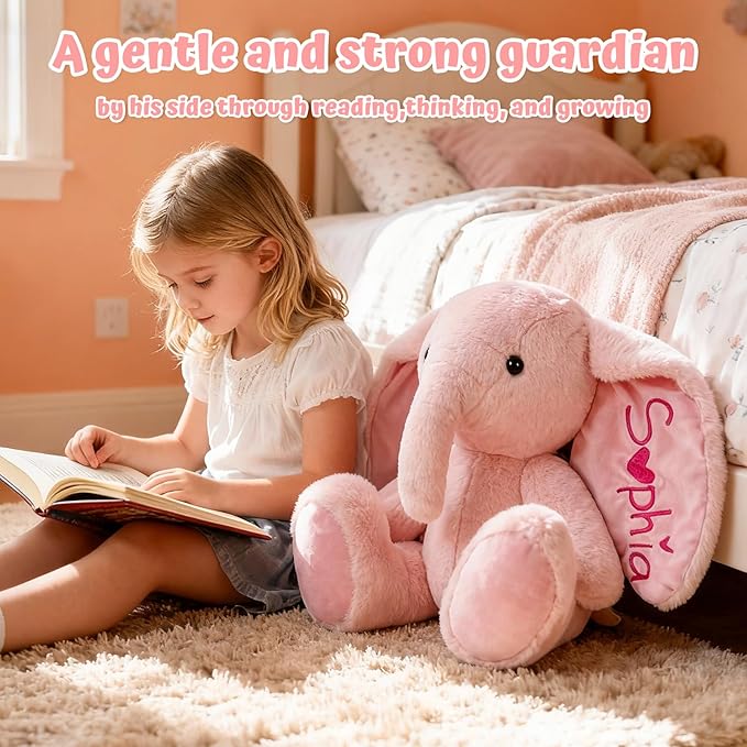 Personalized Gray Elephant Stuffed Animal with Name Embroidery – Soft Plush Toy with Poseable Limbs, Custom Gift for Baby Boys & Girls, Baby Shower & Birthday