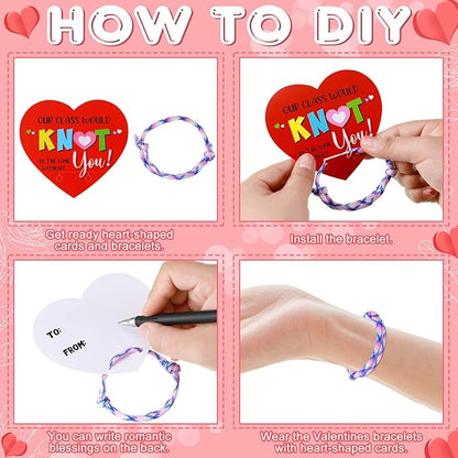 100 Pack Valentine Knot Bracelets with Card Student Valentine Gifts from Teacher Bulk Kids Friendship Bracelets Will Knot Be The Same Without You Classroom Exchange Cards for Party Favors