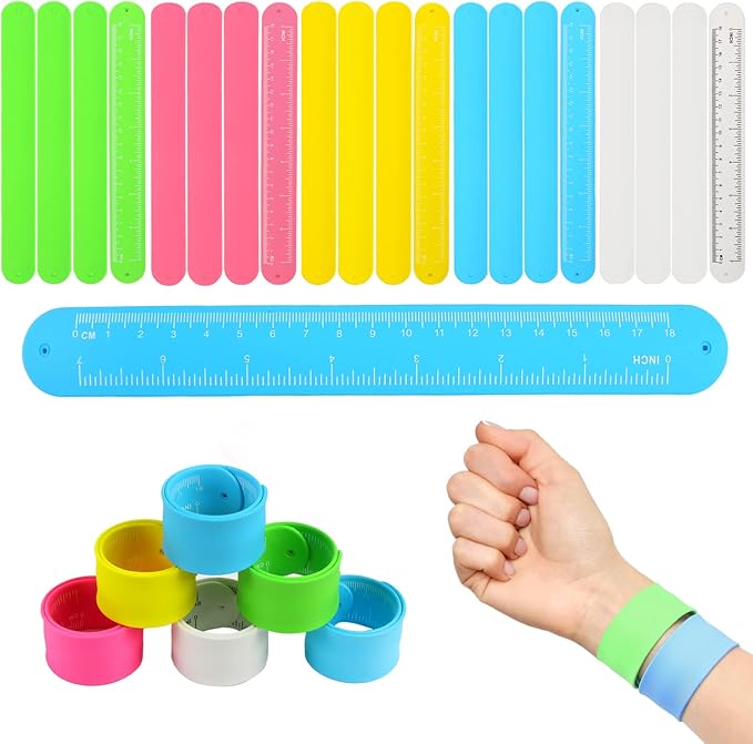 CCINEE 20PCS Silicone Ruler Slap Bracelets, Assorted Ruler Snap Bracelets Colorful Silicone Wristband with Scale for Kids Craft Classroom Prizes Gift Exchange Party Favors