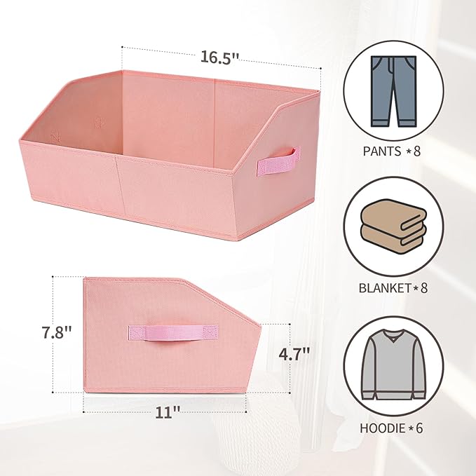 Homsorout Closet Baskets for Shelves Trapezoid - Decorative Storage Baskets with Handle, Closet Bins for Organization, Shelf Storage Bins for Clothes, Books, Home, Office, 10 Pack, Pink