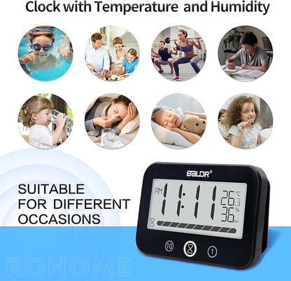 Waterproof Hanging Timer for Bathroom, Digital Kids Shower Clock with Temperature & Humidity, 99 Minutes Countdown Timer with Alarm, Water Resistant Large LCD Visual Timer, 2 Hooks Included (Black)