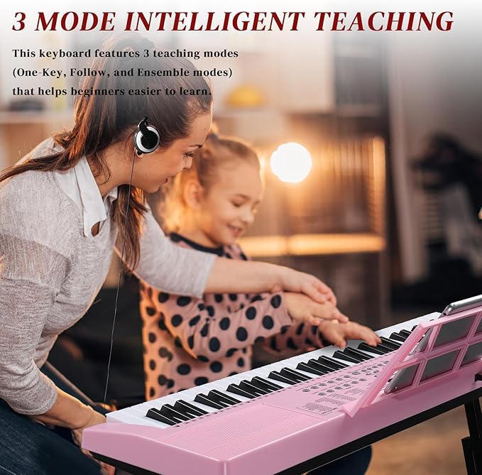 Ktaxon 61 Key Keyboard Piano Electric Keyboard w/Lighted Keys, Electric Piano Set with Headphones, Microphone, Music Rest, Power Adapter, Stand, Piano Bench and Manual (Full-Pink)