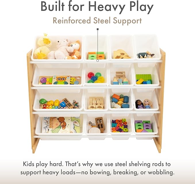 Humble Crew Toy Storage Organizer with 16 Removable Storage Bins for Kids Playroom, 4-Tier Toddler Toy Organization and Storage, Natural Wood/White