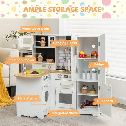 HONEY JOY Corner Kids Kitchen Playset, Little Chef Wooden Play Kitchen for Toddlers, Microwave, Refrigerator, Water Dispenser, Range Hood, Cookware, Pretend Play Toy Kitchen Set for Boys Girls