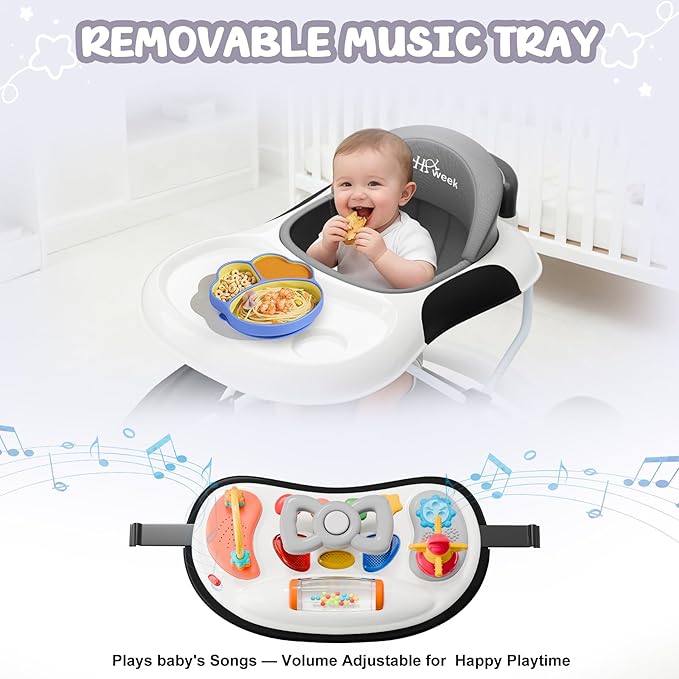 5-in-1 Foldable Baby Walker,Music and Lights Baby Walker with Wheels,Height Adjustable Infant Walker, with Activity Center, Rocker, Bouncer,Push Walker & Feeding Tray for Babies 6-18 Months (Black)