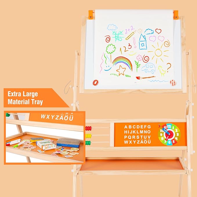 3-in-1 Wooden Easel for Kids, Toddle Double-Sided Easel with Magnetic Whiteboard and Painting Blackboard, 360° Rotatable, Paper-roll Holder, Storage Tray, and Stickers Included