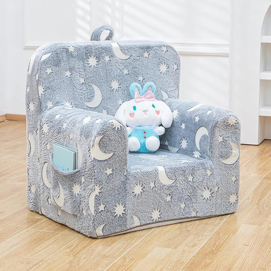 Snuggly-Soft Cuddly Toddler Plush Armchair for Boys and Girls Fuzzy Plush Kids Sofa Couch Reading Chair with Children Friendly Handle for Easy Movement & Double Pockets for Storage, Glowing Grey