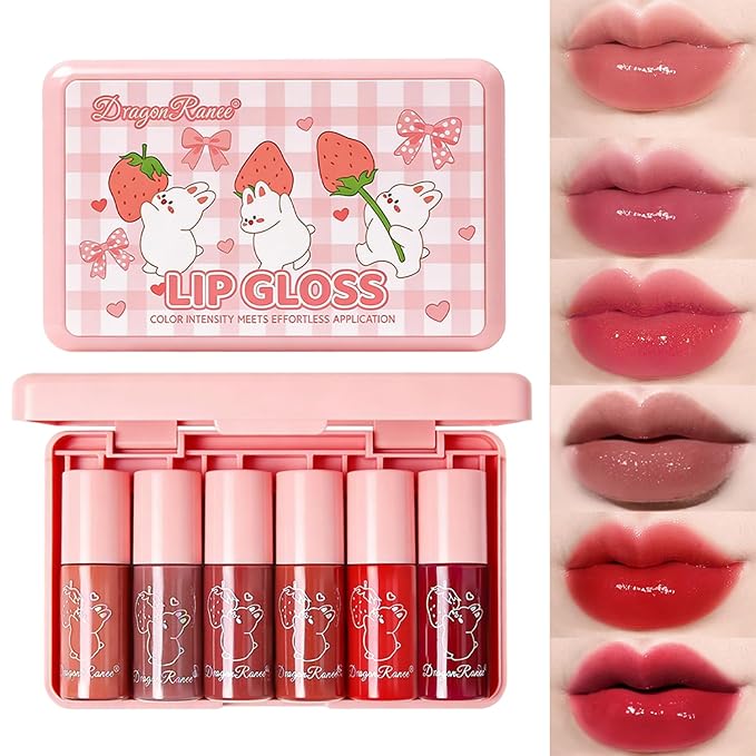 6 Colors Lip Gloss Set, Hydrating Korean Lip Gloss for Women, Non-Sticky Lip Oil Stain, Lip Stain Long Lasting Waterproof, Shiny Lip Gloss for Lip Makeup and Gifts, High Pigment, Vivid Color (Set A)