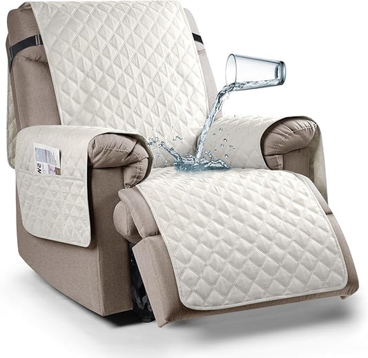 Ruaozz 100% Waterproof Recliner Chair Cover Non-Slip Oversized Reclining Cover for Large Recliner Chair Washable Chair Seat Cover with Elastic Straps for Kids, Dogs, Pets (Beige, 28'')