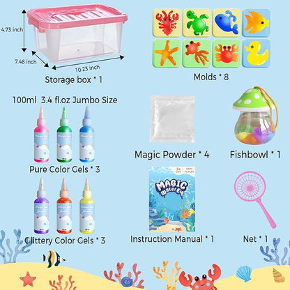 Hrsqu Magic Water Elf Toy Kit - Aqua Elf Water Gel Kit - 100ml Large Capacity Water Fairy Kits with 8 Marine Animals Molds, Christmas Gifts for Kids Birthday Gifts Party Favors (6 Colors)