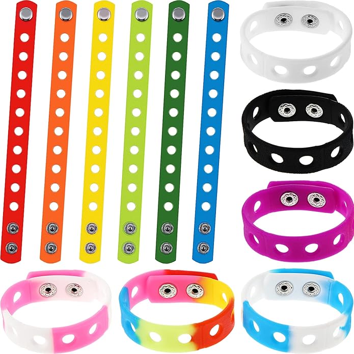 MTLEE 12 Pieces Silicone Wristbands Adjustable Rubber Bracelets Colorful Cute Charm Bracelets with Holes for Shoe Charm Boys Girls Birthday Party Award