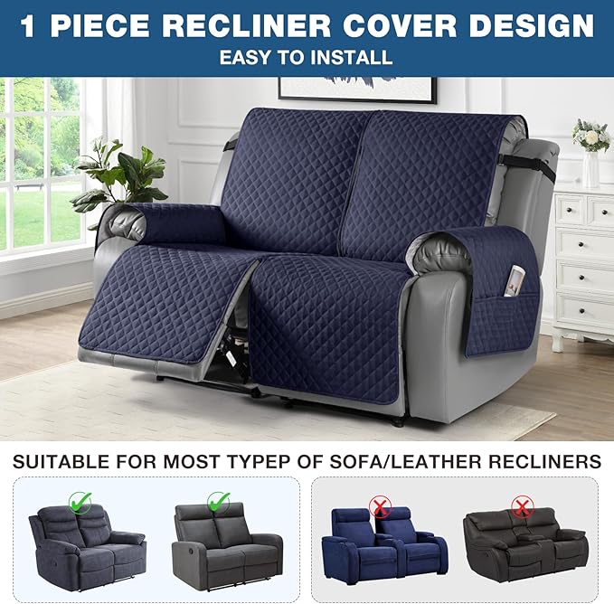 TAOCOCO Loveseat Recliner Cover Non-Slip Sofa Slipcover, Pet Cover for Loveseat Recliner with Elastic Straps, Washable Reclining Loveseat Cover Recliner Furniture Protector (2 Seater, Dark Blue)