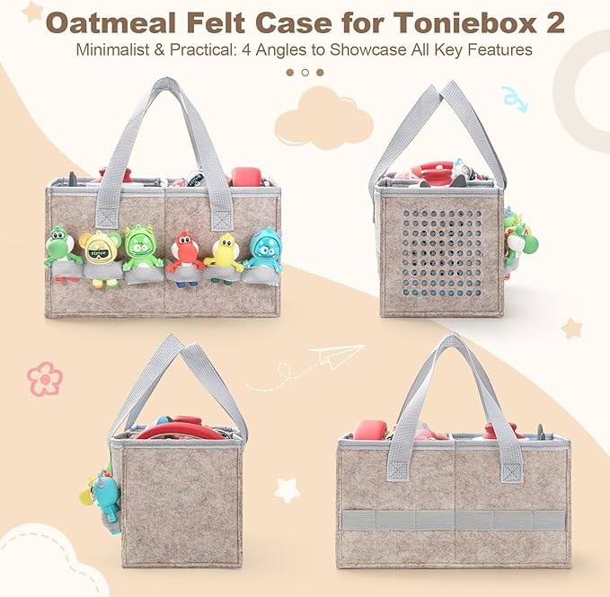 PISOSN Carrying Case for Toniebox Starter Set and Tonies Figurines, Travel Felt Cloth Musical Toy Folding Bag for Toniebox 2 & Accessories (Oatmeal)