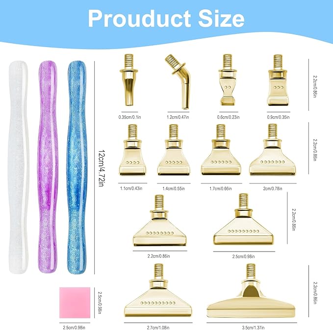 MuitoFeliz 24PCS DIY Diamond Art Pen Painting Tool Set - Metal Threaded Tip Accessories Gem Resin Dotting Pen Supplies Kit (Three Pen + 12 Tips + 9 Dotting Clay)