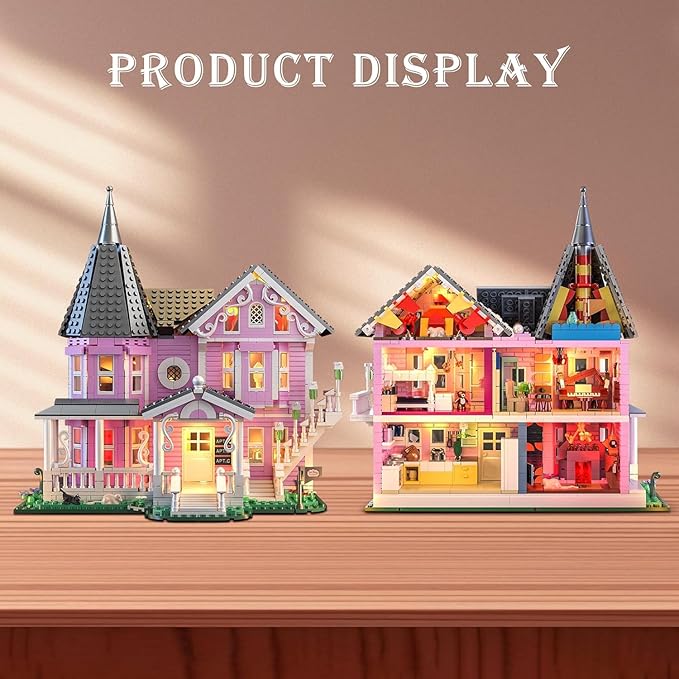 Pink Palace Apartment Building Set with Lights, 1349PCS Halloween Haunted House Blocks Compatible with Lego, Christmas Birthday Gifts for Kids & Collectors Aged 8+