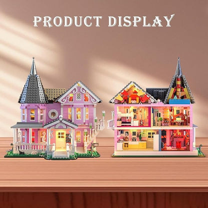 Pink Palace Apartment Building Set with Lights, 1349PCS Halloween Haunted House Blocks Compatible with Lego, Christmas Birthday Gifts for Kids & Collectors Aged 8+