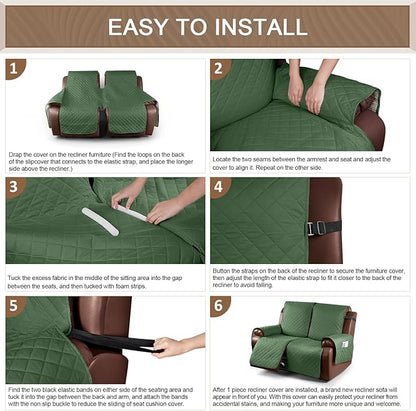 KinCam Waterproof Loveseat Recliner Cover, Non-Slip Reclining Couch Covers for 2 Seat, Recliner Sofa Cover Furniture Protector with Elastic Straps for Kids, Pets, Vine Green