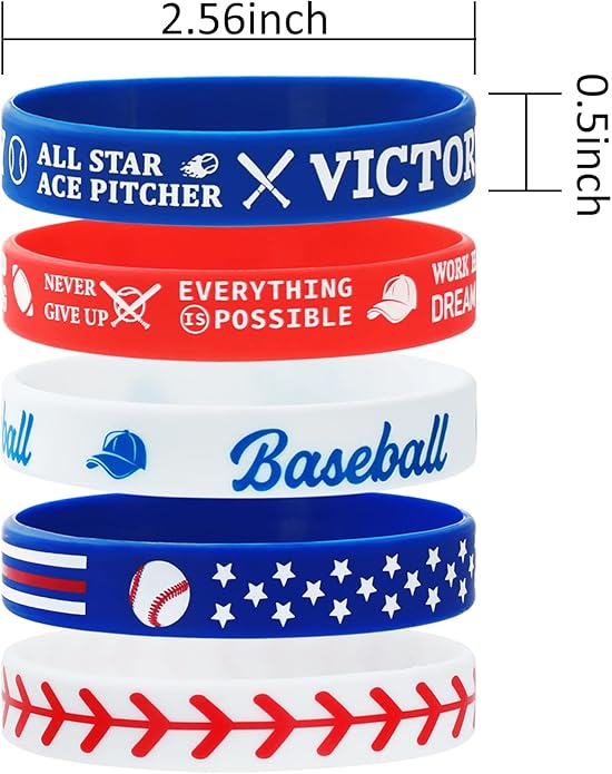 AnyDesign 30Pcs Baseball Silicone Rubber Bracelets Motivational Baseball Bracelet Wristbands 5 Designs Rubber Wristband for Baseball Theme Party Sport Prize Birthday Gift Party Favor Accessories