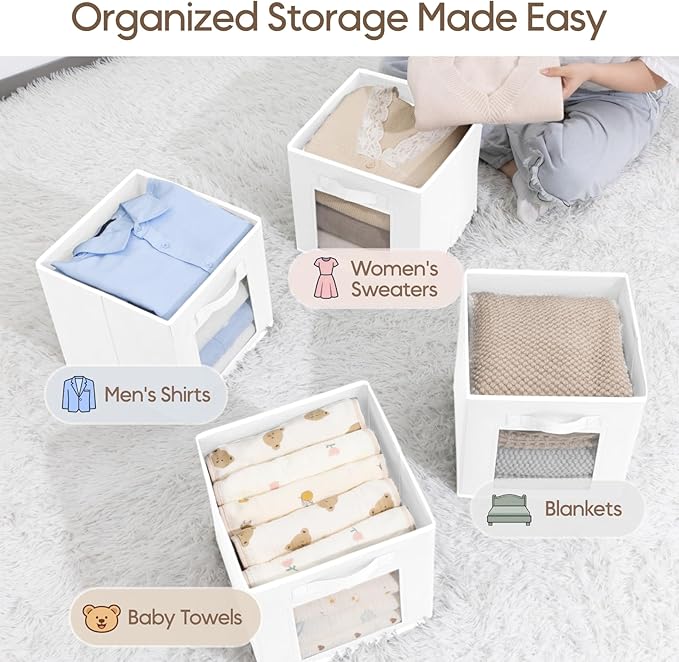 Homsorout Storage Cube 11 Inch - Cube Storage Bins with Window, Closet Storage Baskets with Handle, Fabric Bins for Closet, Shelves, Toys, Clothes, Set of 10, White
