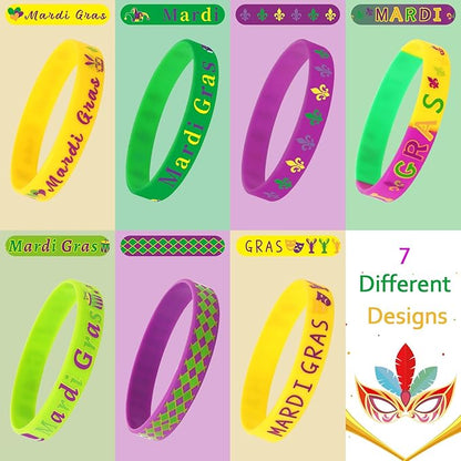 JUNEBRUSHS Mardi Gras Party Favors, 42Pcs Mardi Gras Silicone Rubber Wristbands Bracelets for Mardi Gras Carnival Birthday Party Supplies Decorations Goodie Bag Stuff Fillers