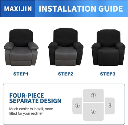 MAXIJIN Oversized Recliner Covers That Stay in Place 4 Pieces Stretch Large Recliner Chair Covers Jacquard Dogs Cats Proof Reclining Slipcovers with Elastic Bottom (XL Recliner, Black)