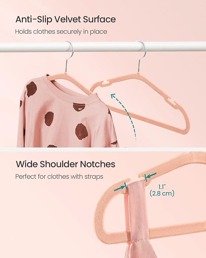 SONGMICS Baby Hangers 50 Pack, 11 x 6.9 Inches, Kids Hangers for Closet, Non-Slip Velvet Hangers, Childrens Hangers, Space-Saving Clothes Hangers, Wide Shoulder Notches, Coral Pink UCRF037R01